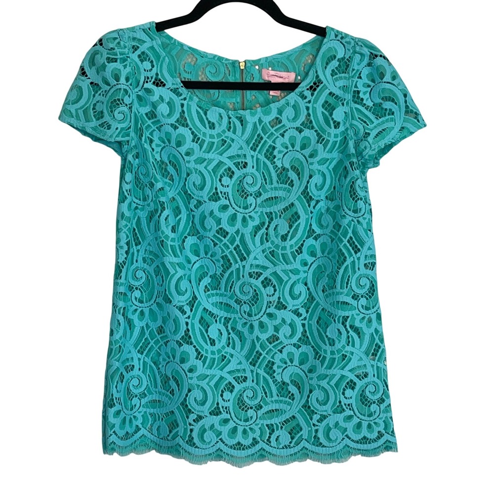 Lilly Pulitzer Womens XS Turquoise Green Floral Lace Short Sleeve Zipper Top